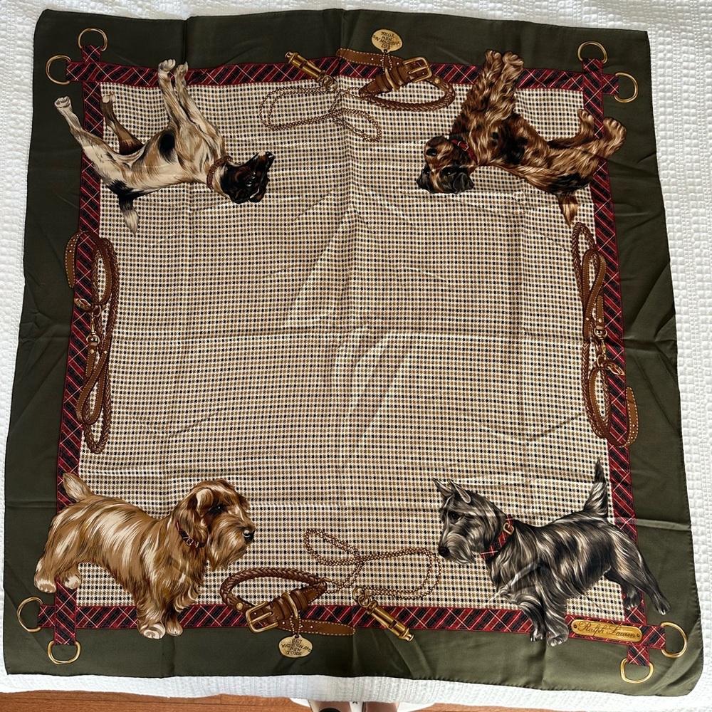 Ralph Lauren Dog Print Silk Scarf in Olive, Cream & Brown
